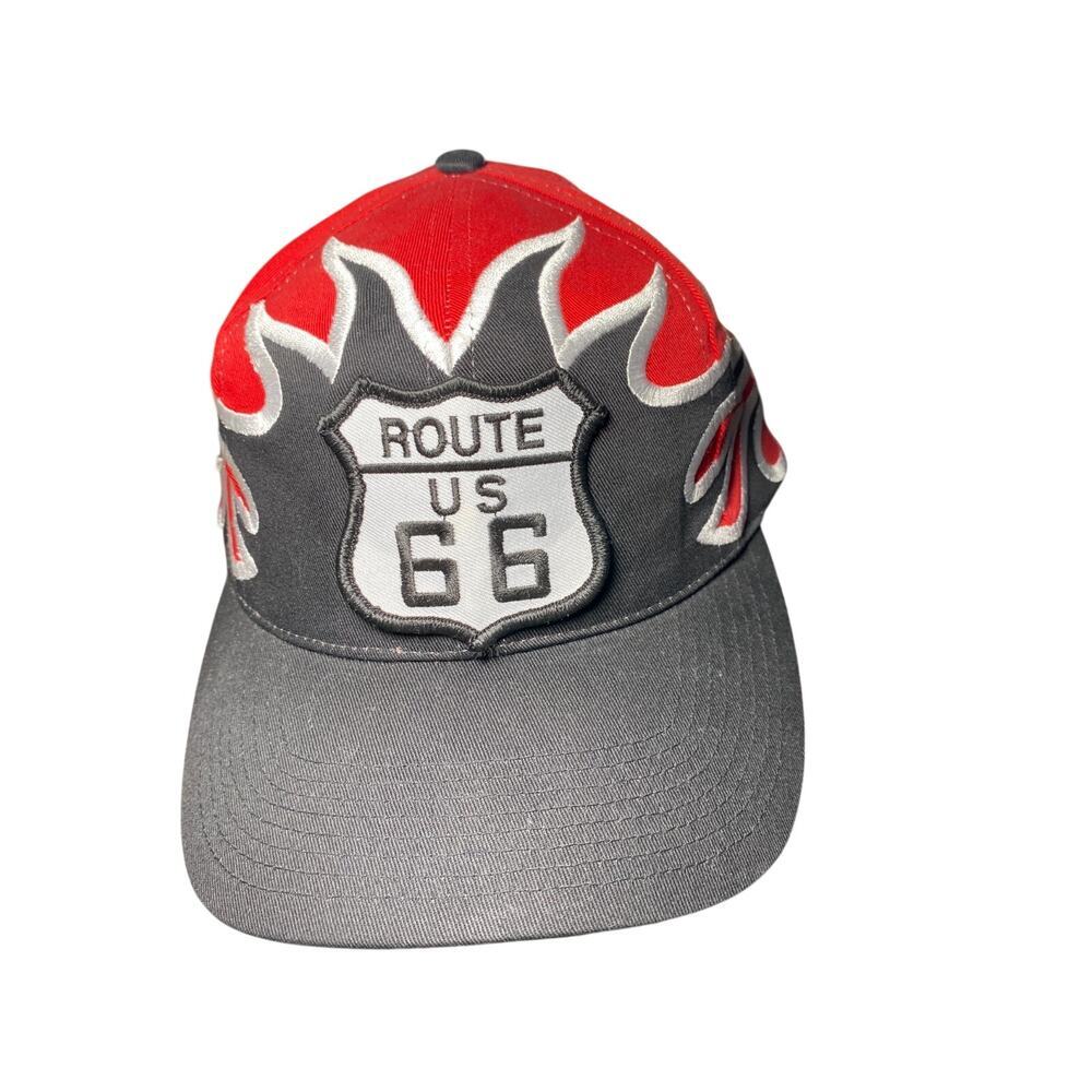 Vintage Route 66 Flame Snapback Hat Red Black Embroidered Biker Cap - Picture 2 of 7